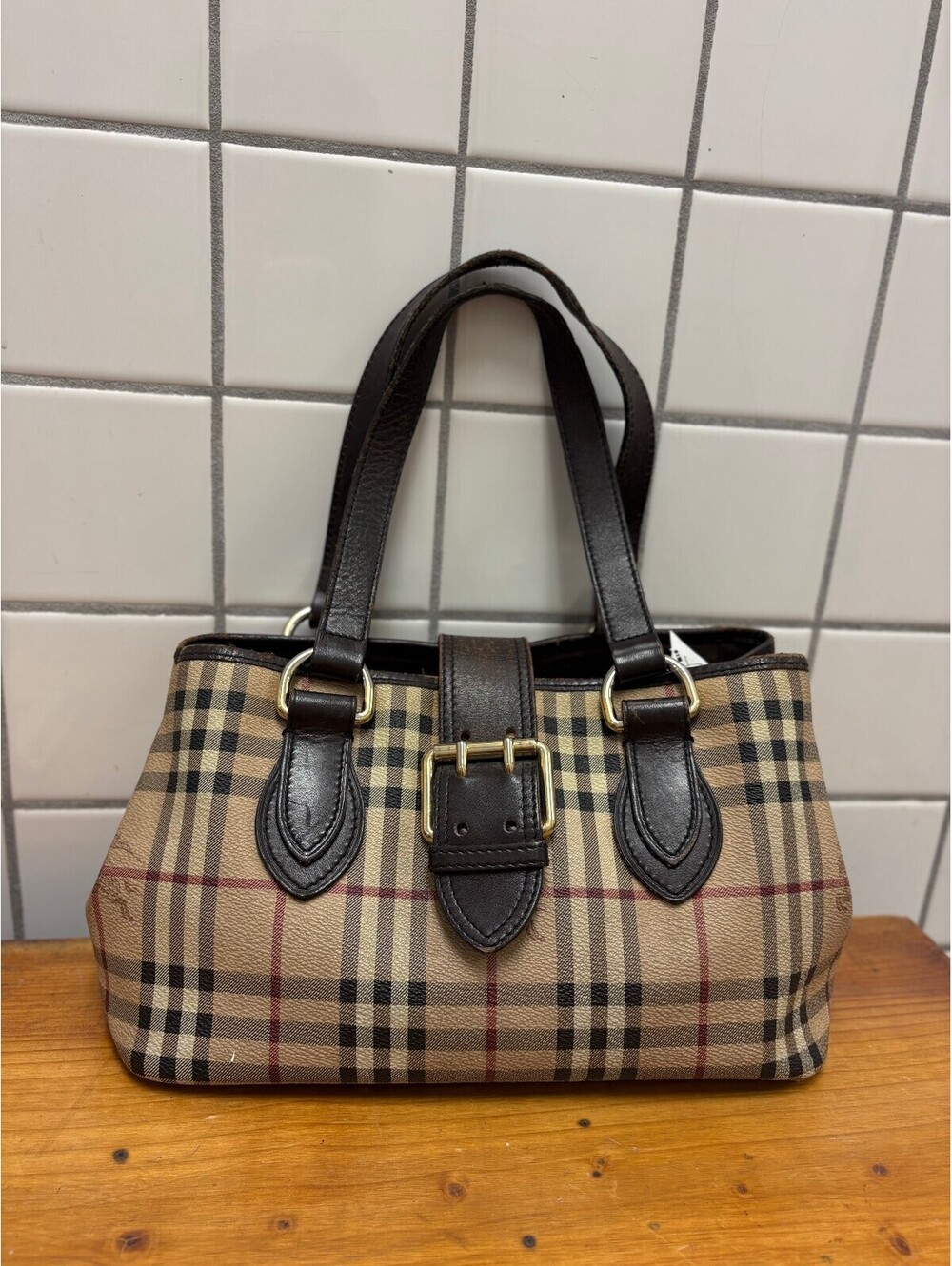 Vintage Burberry Checkered Canvas and Leather Handbag with Buckle Detail